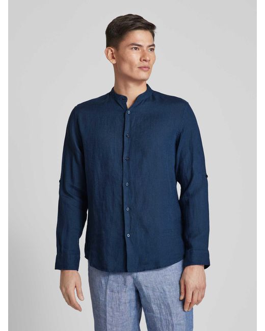 SELECTED Regular Fit Leinenhemd mit Maokragen Modell 'KYLIAN' in Blue für Herren