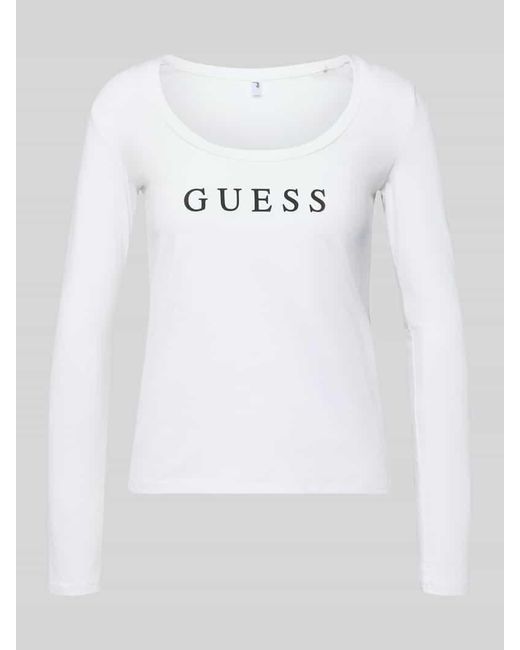 Guess White Longsleeve mit Label-Print und Rundhalsausschnitt