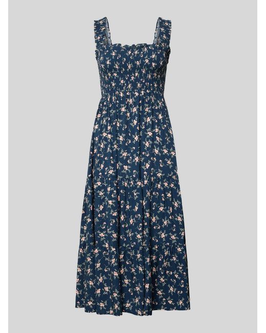 Apricot Midi-Jurk Met Ruches En Vierkante Hals in het Blue