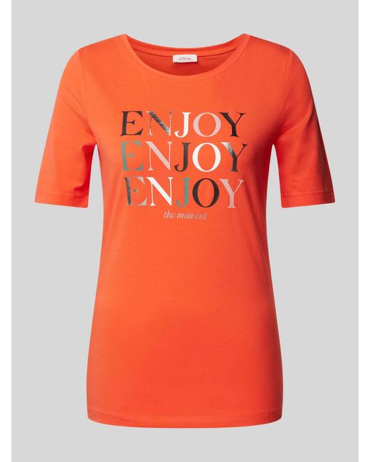 S.oliver Orange T-Shirt mit Label-Prints Modell 'ENJOY'