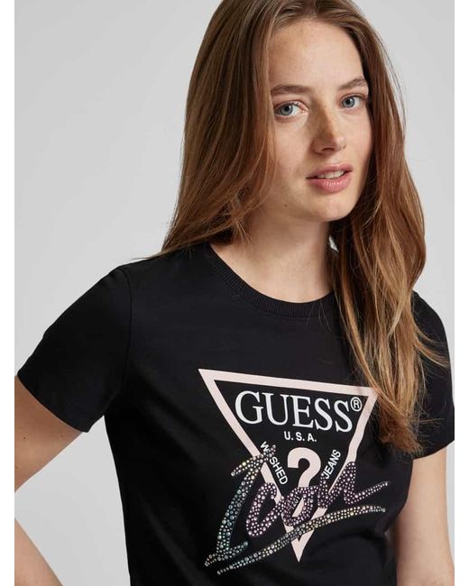 Guess Black T-Shirt mit Label-Print und Ziersteinbesatz