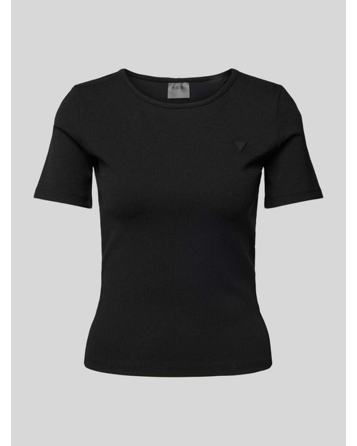 Guess T-shirt Met Geribde Ronde Hals in het Black