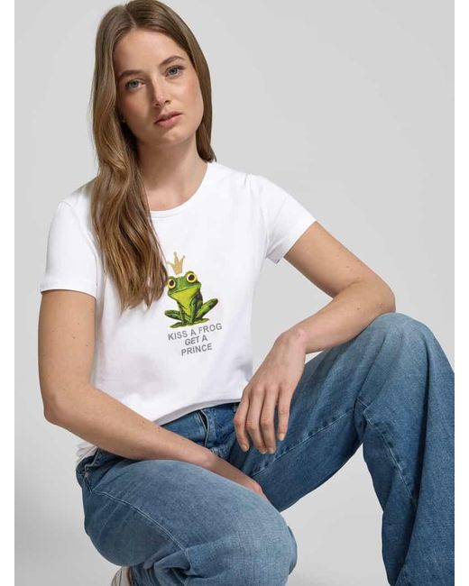 MORE&MORE White T-Shirt mit Motiv- und Statement-Print