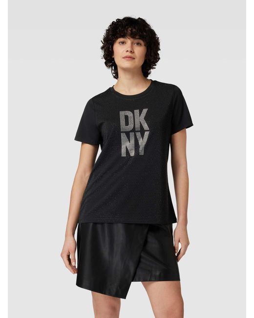DKNY Black T-Shirt mit Logo-Ziersteinbesatz