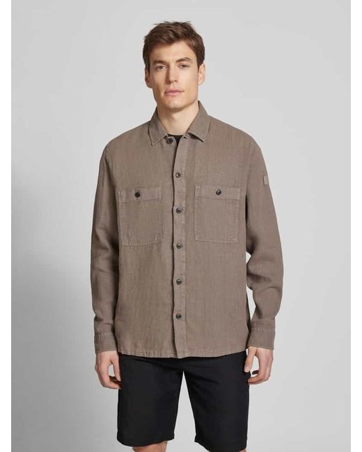 Boss Regular Fit Leinenhemdjacke mit Brusttaschen Modell 'Locky' in Brown für Herren
