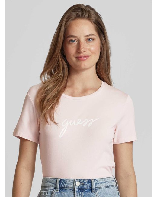 Guess T-shirt Met Labelprint in het Pink