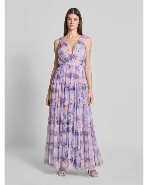 LACE & BEADS Purple Abendkleid im Stufen-Look mit V-Ausschnitt