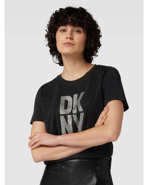 DKNY Black T-Shirt mit Logo-Ziersteinbesatz