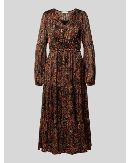 Apricot Midi-Jurk Met V-Hals En Strikceintuur in het Brown