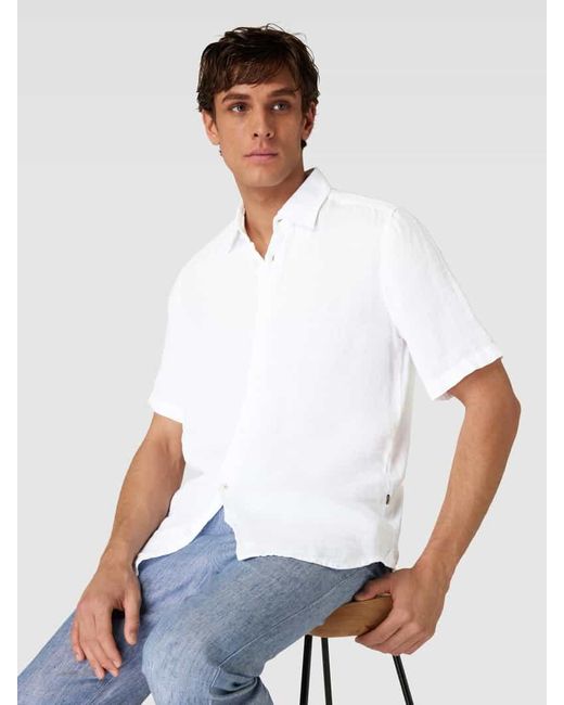Boss Regular Fit Leinenhemd mit 1/2-Arm Modell 'Rash' in White für Herren