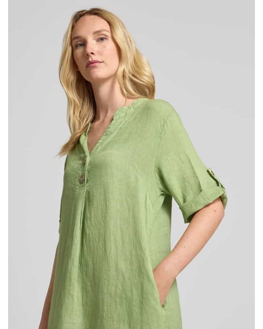 ZABAIONE Green Knielanges Leinenkleid mit V-Ausschnitt