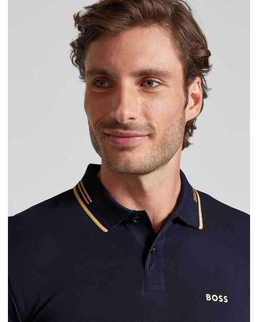 Boss Slim Fit Poloshirt Met Labelprint, Model 'Paul' in het Blue voor heren