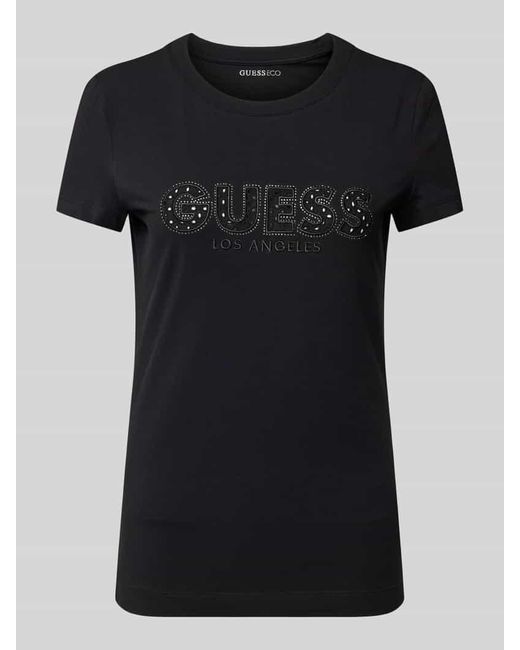 Guess Black T-Shirt mit Label-Stitching und Ziersteinbesatz