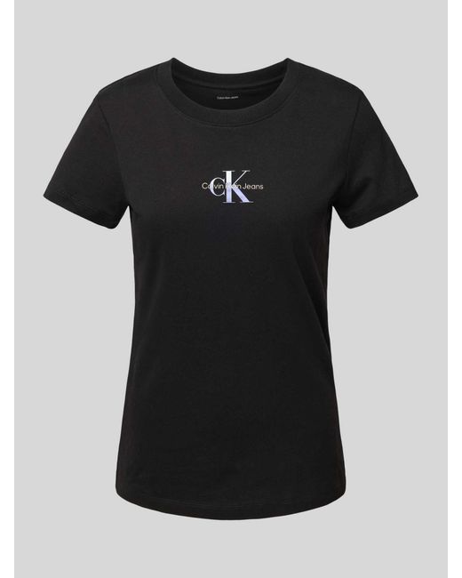 Calvin Klein T-shirt Met Labelprint En Geribde Ronde Hals in het Black