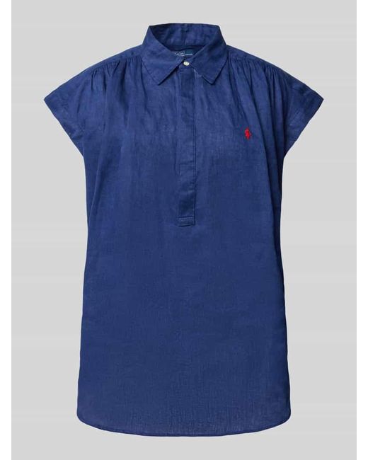 Polo Ralph Lauren Blue Leinenbluse Mit Label-Stitching