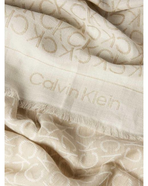 Calvin Klein Natural Schal mit Leinen-Anteil und Allover-Label-Muster