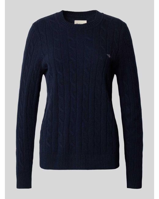 Gant Gebreide Pullover Met Kabelpatroon En Labelstitching in het Blue