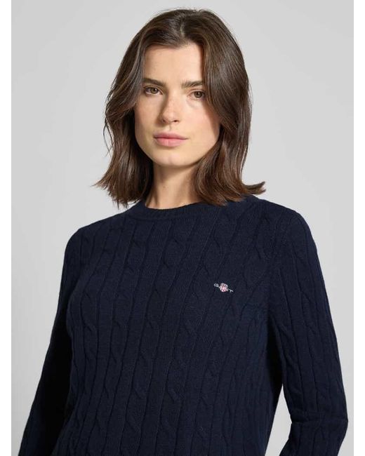 Gant Blue Strickpullover mit Zopfmuster und Label-Stitching