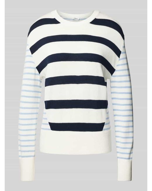 S.oliver Blue Regular Fit Strickpullover Aus Verschieden Gestreiftem Baumwoll-Mix