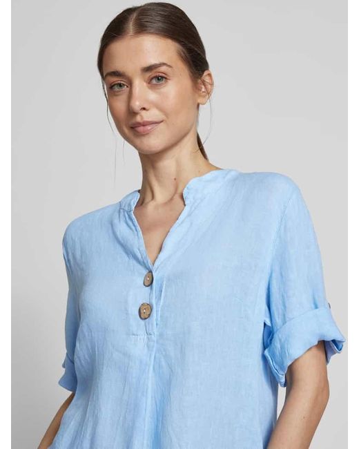 ZABAIONE Blue Knielanges Leinenkleid mit V-Ausschnitt
