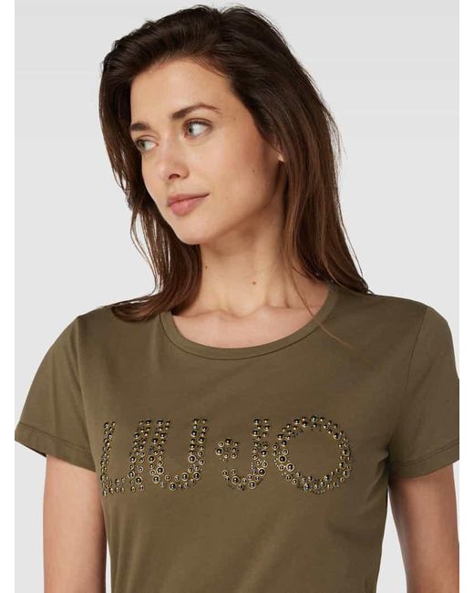 Liu Jo Brown T-Shirt mit Label-Ziersteinbesatz