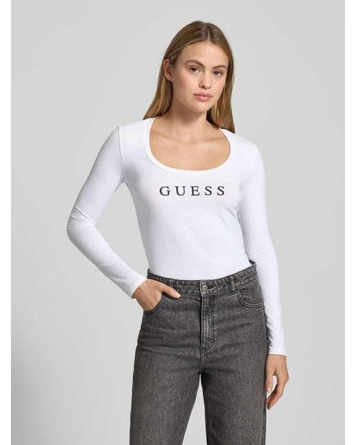 Guess White Longsleeve mit Label-Print und Rundhalsausschnitt