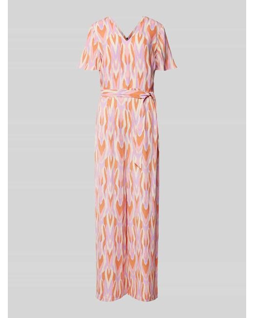 Comma, Pink Jumpsuit aus Viskose mit Allover-Muster und Bindegürtel