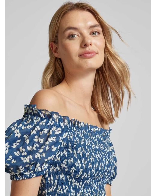 Lauren by Ralph Lauren Blue Off-Shoulder-Bluse mit Smok-Details Modell 'BIERBRIN'