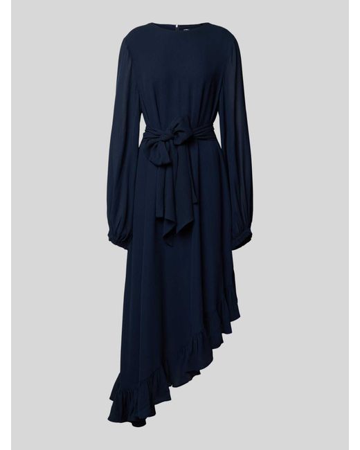 Essentiel Antwerp Flatteuze Maxi-Jurk Met Asymmetrische Ruchezoom, Model 'Iflower' in het Blue