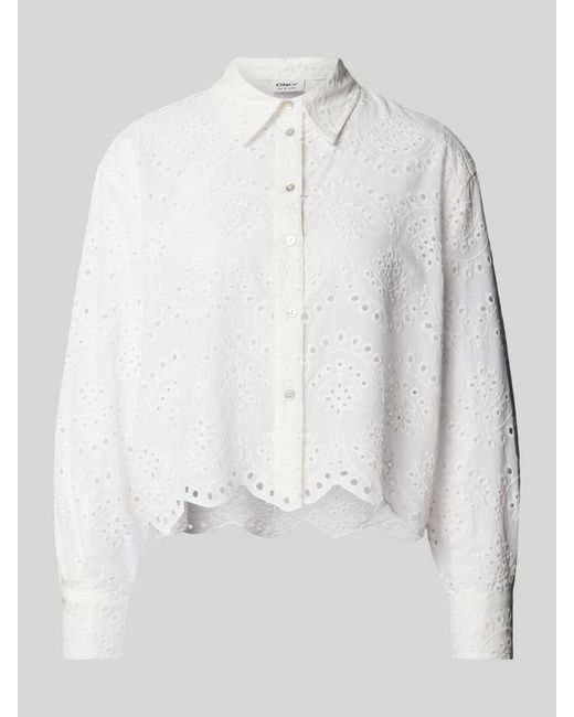 ONLY White Cropped Hemdbluse mit Lochstickerei Modell 'VALAIS'