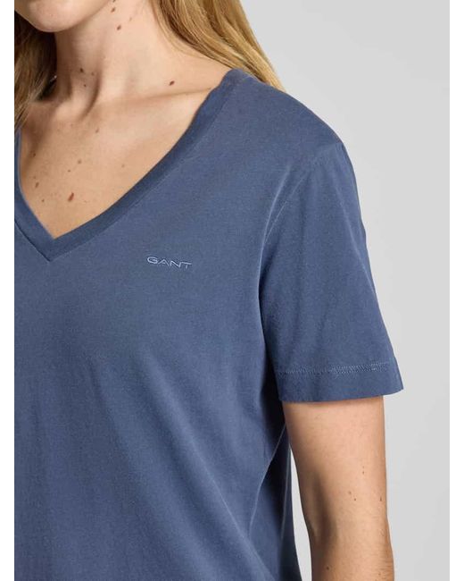 Gant Blue T-Shirt mit geripptem V-Ausschnitt