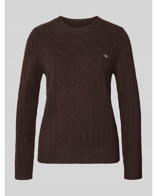 Gant Brown Strickpullover mit Zopfmuster und Label-Stitching