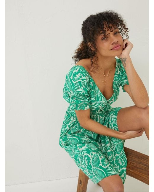 FatFace Green Fatface Aideen Linen Blend Leaf Dress