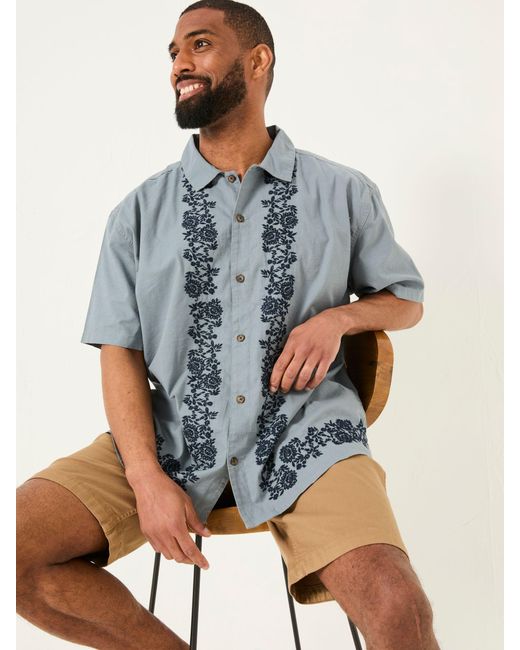 FatFace Blue Fatface Short Sleeve Embroidered Floral 100% Cotton Shirt for men