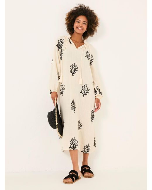 FatFace Natural Fatface Beachwear Coral Embroidered Kaftan Dress