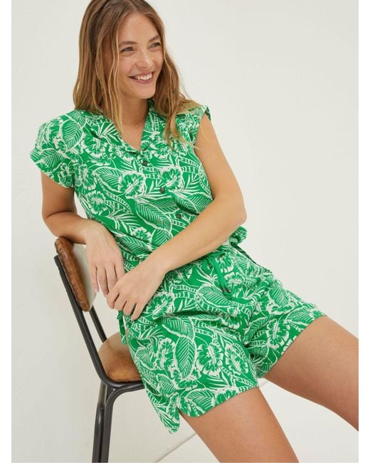 FatFace Green Fatface Tenby Linen Topical Leaf Shorts