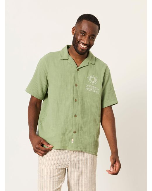 FatFace Green Fatface Short Sleeve Relaxed Fit Oliva Placement Embroidery Shirt for men