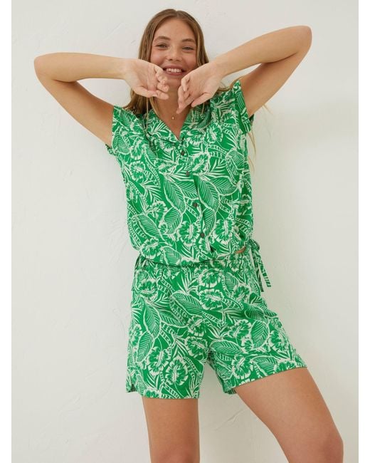 FatFace Green Fatface Tenby Linen Topical Leaf Shorts