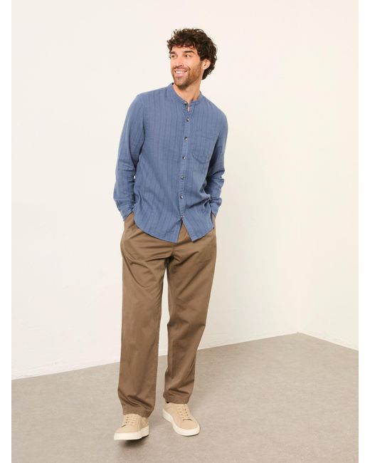 FatFace Blue Fatface Bugle Long Sleeve Grandad Linen Cotton Shirt for men