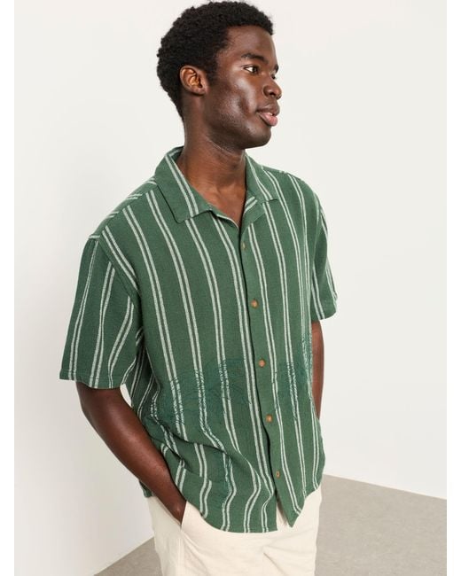 FatFace Green Fatface Short Sleeve Relaxed Fit Stripe Shirt With Palm Embroidery for men