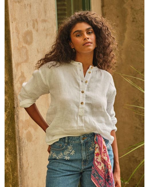 FatFace Natural Fatface Julia Petite 100% Linen Popover Shirt