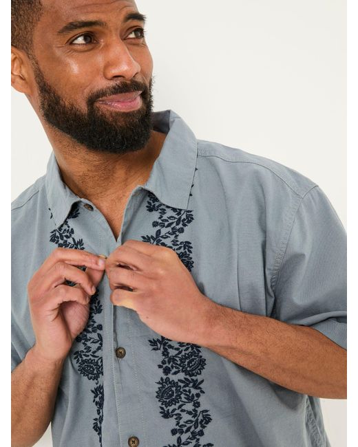 FatFace Blue Fatface Short Sleeve Embroidered Floral 100% Cotton Shirt for men