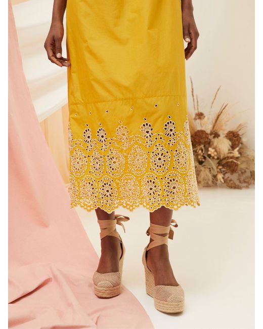 FatFace Yellow Fatface Daisy Broderie Midi Dress