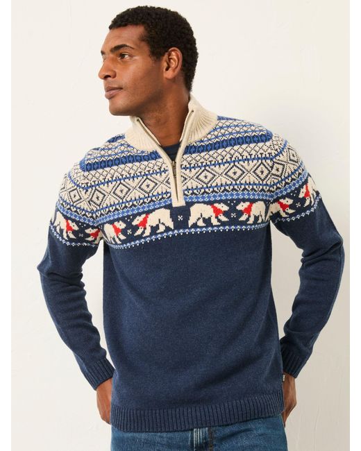FatFace Blue Fatface Polar Bear Knitted Fairisle Half Zip Neck Jumper for men