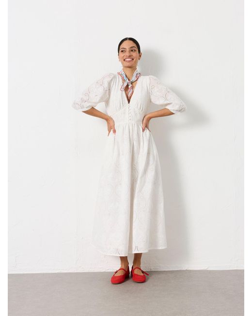 FatFace White Fatface Flo Regular Broderie Midi Dress