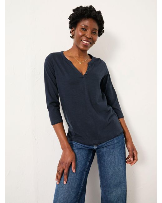 FatFace Blue Fatface Aster 3/4 Sleeve V-Neck T Shirt
