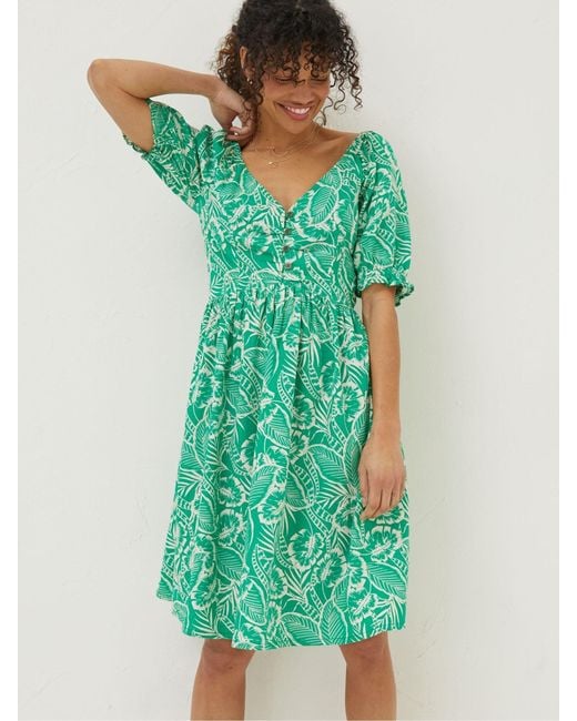 FatFace Green Fatface Aideen Linen Blend Leaf Dress