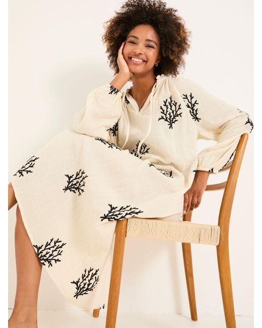 FatFace Natural Fatface Beachwear Coral Embroidered Kaftan Dress