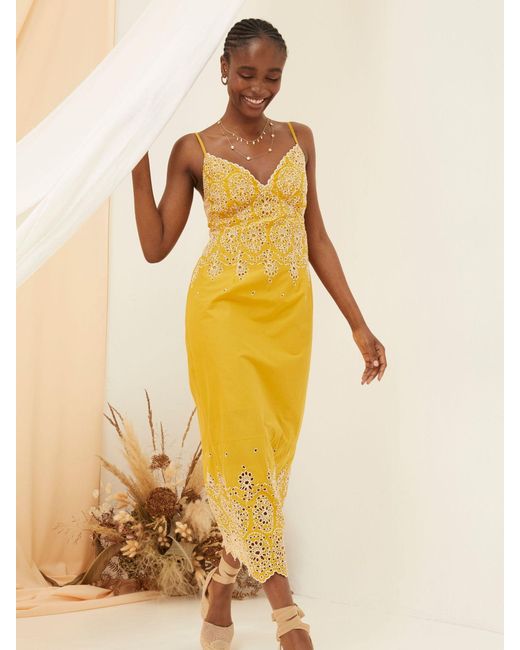 FatFace Yellow Fatface Daisy Broderie Midi Dress