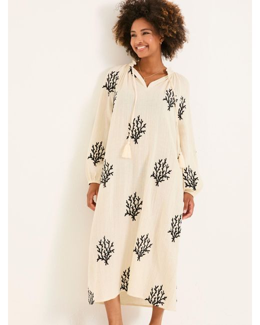 FatFace Natural Fatface Beachwear Coral Embroidered Kaftan Dress